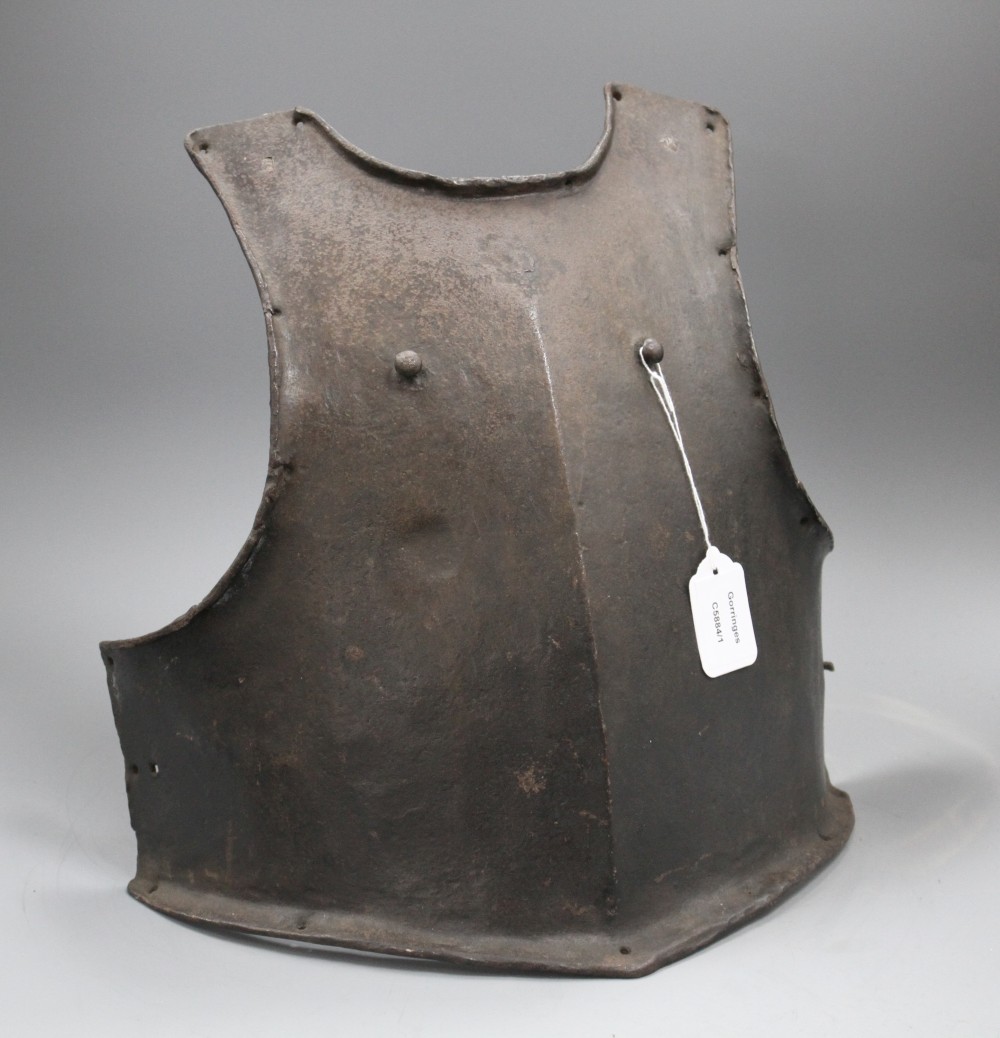 A heavy iron cavalry troopers breastplate, 17th century, struck twice with makers marks,